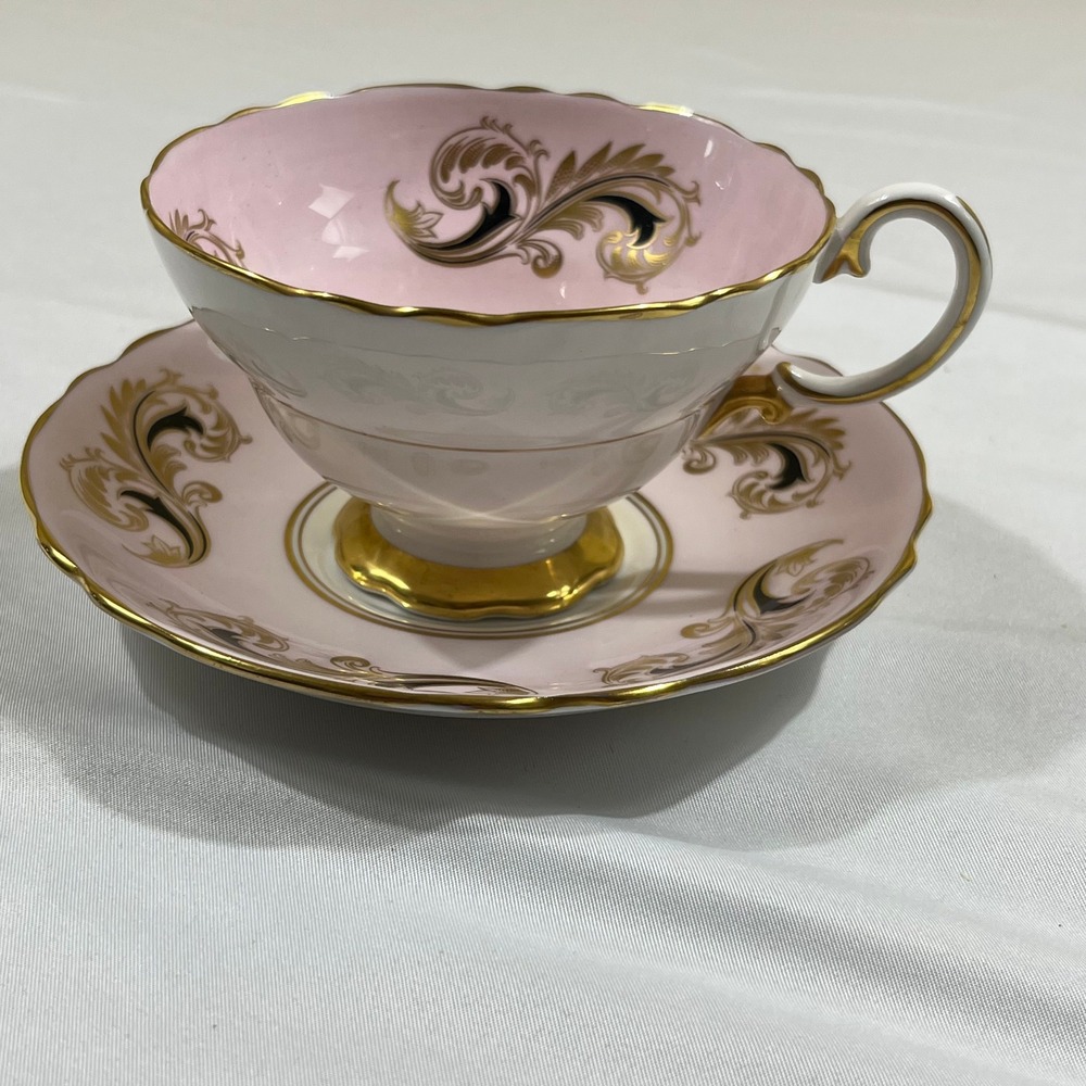 Crown Staffordshire Tea Cup Saucer Set Pink Gold Scroll A16592